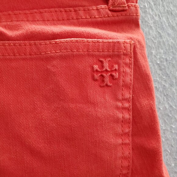 Tory Burch Women Jeans 25 Red Denim Skinny Mid Rise Pockets Logo 27" Inseam - Picture 6 of 11